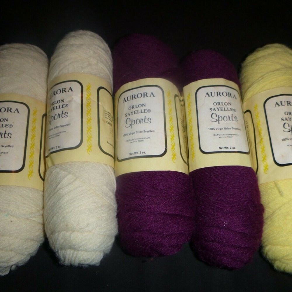 5 Vintage Skeins Aurora Orlon Sayelle Sports Yarn Colors 2 Ecru 2 Plum 1 Maize